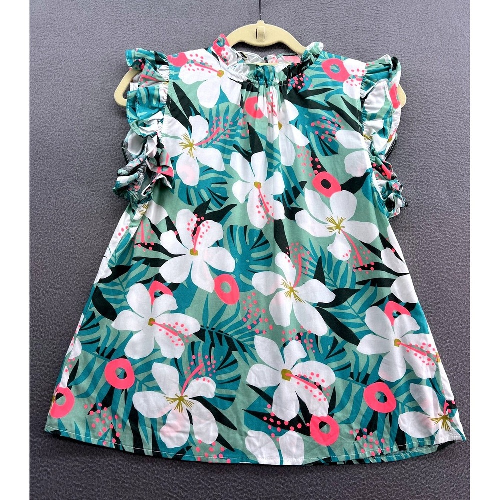 THML Blouse Womens XS Green Floral Tunic Sleeveless Ruffle Mock Neck Rayon